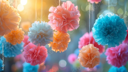 Colorful Paper Pom-Poms Hanging in Sunlight