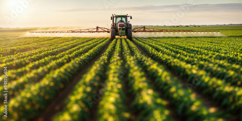 A tractor sprays crops in neat rows in an expansive field.