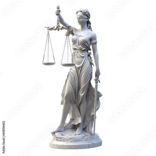 3D Lady Justice statue blindfolded and holding scales, with marble texture, isolated on transparent background, symbolizing law, fairness, and judicial authority.