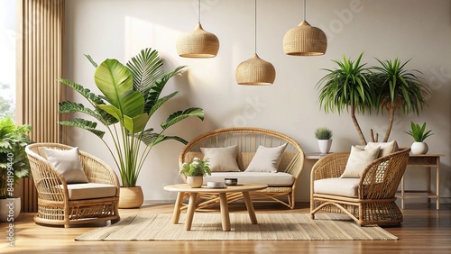 Home interior mockup featuring rattan furniture and eco-friendly natural decor, rattan, furniture, home, interior, mockup