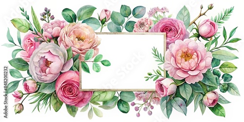 Watercolor bouquet of pink flowers and eucalyptus greens with peonies and roses frame, watercolor, enchanting, bouquet, pink