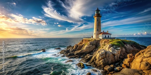 Lighthouse standing tall on rocky coast overlooking the ocean , beacon, navigation, safety, maritime, landmark, tower