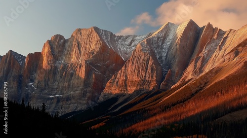 A stunning sunrise illuminates a majestic mountain range in the Canadian Rockies