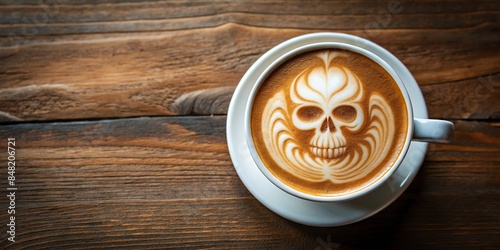 Top view of a latte art cup with skull pattern on background, skull, latte art, coffee, cup, drink, top view