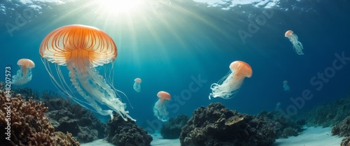Ethereal scene of vibrant jellyfish gracefully floating underwater, bathed in sunlight. The translucent bodies and long tentacles create a captivating marine spectacle.