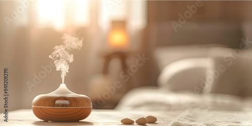 Creating a Peaceful Sleep Atmosphere with a Diffuser Background Image. Concept Sleep Atmosphere, Diffuser, Relaxing Environment, Tranquil Setting, Calm Night