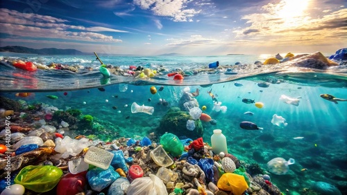 Garbage and plastic waste floating in the polluted ocean , pollution, plastic, waste, bottles, debris, trash