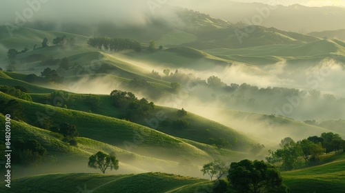 Dawn in the hills ridge blurred by morning mist expansive scenery