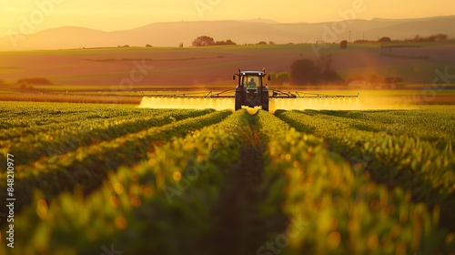 Tractor Spraying Chemicals on Lush Green Crops During Golden Sunset in Panoramic Countryside Landscape