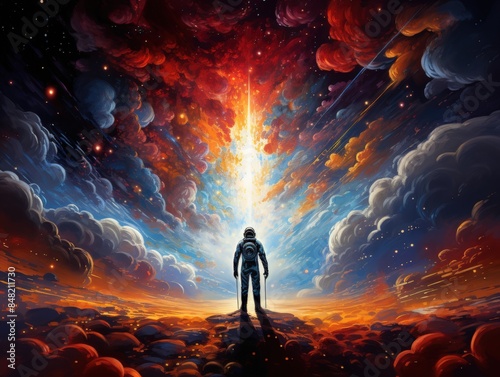Astronaut standing on a vibrant cloud scene with colorful cosmic explosion, symbolizing exploration and adventure.