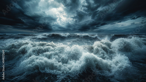 Dramatic stormy seascape with turbulent waves under dark clouds