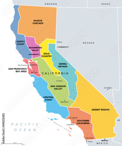 California, major regions, political map. State in the Western United States with capital Sacramento, lying on the Pacific Coast. Valleys, coast regions, San Francisco Bay Area and the desert region.