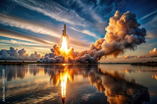Rocket launch over water at dawn spaceship taking off with full propulsion and immense fire, producing huge clouds of smoke