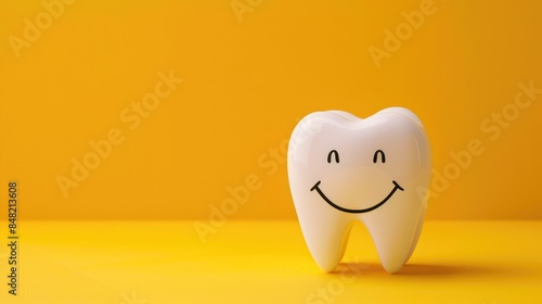 Cute white tooth on a yellow background. The concept of healthy teeth. Dentistry.