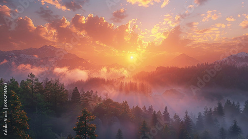 Invigorating morning sunrise over a misty mountain range and forest