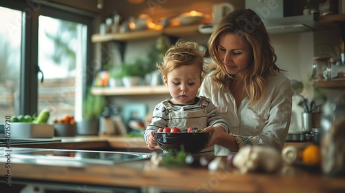 Young baby boy cooking with mother in the kitchen