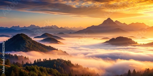 Scenic mountain range enveloped in dawn mist with morning light , Scenic, mountain range, dawn mist, morning light