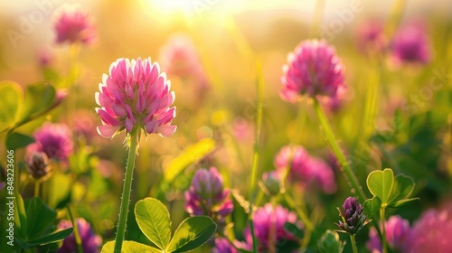 Blossoming clover in thickets of Trifolium pratense amid a summer meadow Blooming red clover flowers in the field