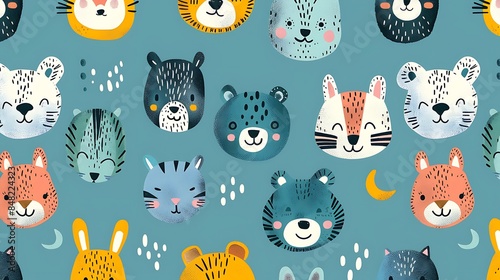 A playful seamless pattern featuring furry animals with different emotions, illustrated in a comic style, ideal for kids' textile designs and clip art