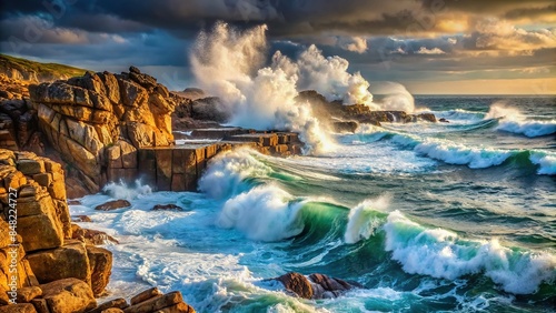 Dynamic waves crashing against a rugged rocky coast, ocean, sea, power, water, motion, nature, shoreline, waves, foam