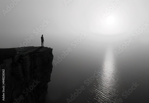 A solitary figure contemplating a misty cliff overlooking the serene waters