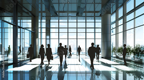 empleados empresarios trabajadores asistiendo a una reunion caminando por lo pasillos con un ventanal en la oficina dentro de un edificio de un corporativo empresa moderna y minimalista