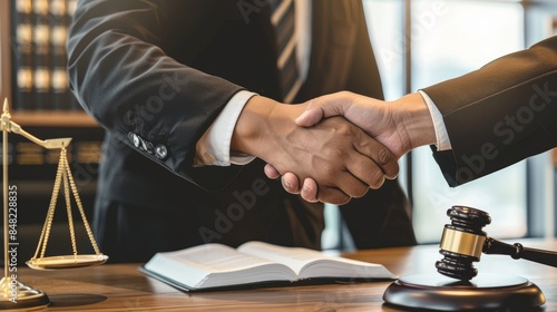 Confident lawyer and delighted client shake hands at court office after legal consultation, deal agreement, and successful negotiation.