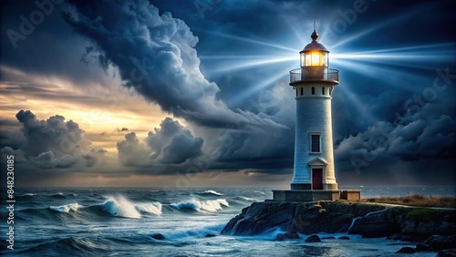 Lighthouse beaming light in stormy night, guiding travelers to safety, beacon, hope, stormy night, tall