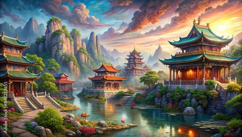 Detailed Chinese style fantasy art featuring ancient architecture, mythical creatures, and colorful landscapes