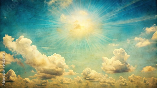 Nostalgic of clouds and blue sky in retro tones, evoking a sunny day with a vintage feel, nostalgic