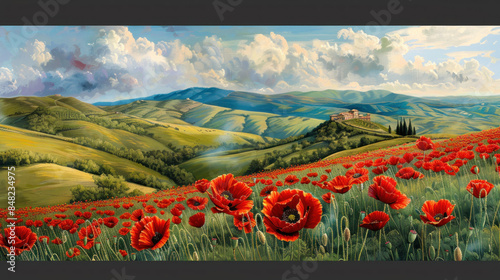 Poppy field in vibrant red with a backdrop of rolling green hills
