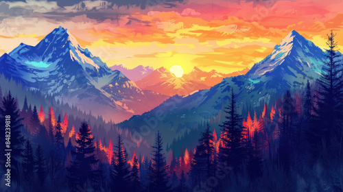 Snow-capped mountains with evergreen trees and a vibrant sunrise
