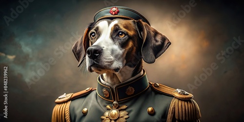 Portrait of a dog dressed in historic military uniform , pet, portrait, dog, clothing, historic, military, uniform, outfit, costume