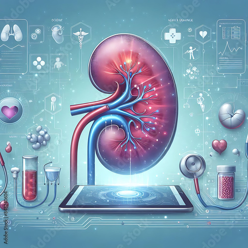 Chronic kidney disease, Human kidneys red model float away from stethoscope. Doctor diagnosis treatment. 