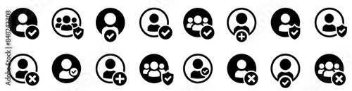 User accept icon set. Profile with checkmark icon. Accept new user. Add user. Delete user. User icon symbol sign collections. Vector illustration