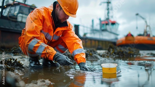 Environmental engineer at an oil spill site taking water samples