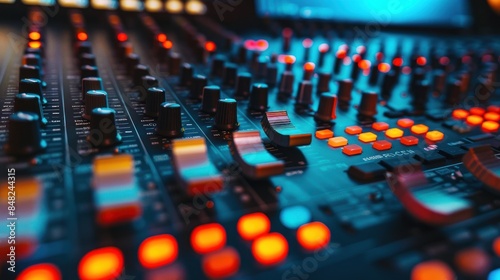 A colorful sound board for recording and mixing music with many knobs and buttons