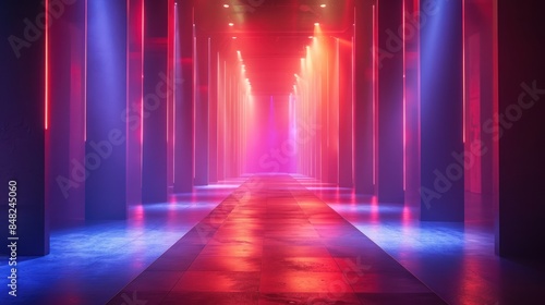 A long, narrow hallway with bright lights and a red and blue color scheme