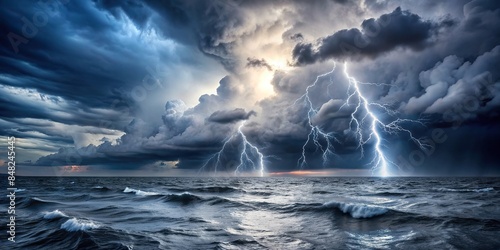 Dark stormy sky over churning sea with lightning strikes, ocean, storm, clouds, thunder, weather, dramatic, power