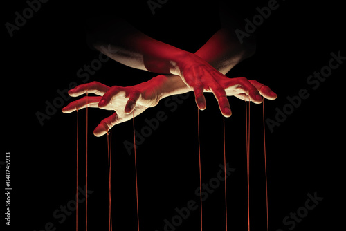 Puppeteer's hands with strings on each finger on black background.