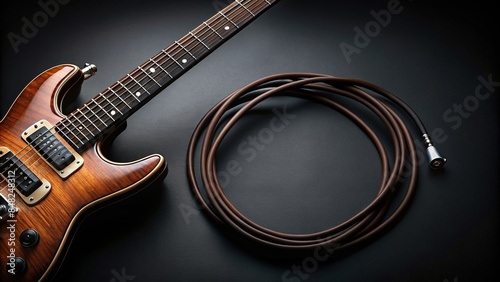 Background with electric guitar fretboard and vintage Jack cable on black background, music, concept