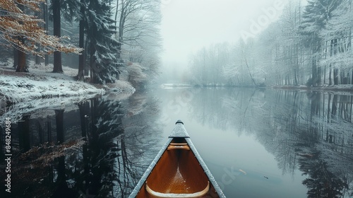 a boat in still lake water in winter with snow covering forest