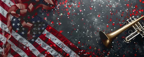 A trumpet on an American flag with confetti, creating a festive and patriotic celebration scene.