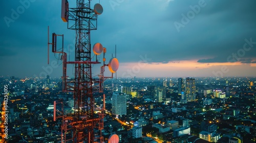 Antenna communication technology is showcased against a city background highlighting a communication tower connected to data of a smart city for telecommunication and digital