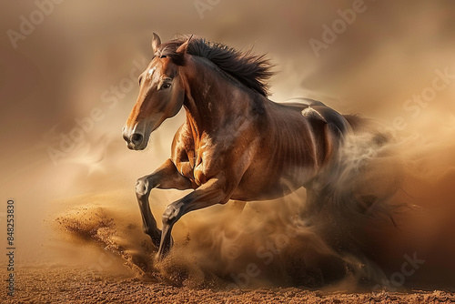 A thoroughbred brown racing horse on a hippodrome covered in dust from its hooves. Generated by artificial intelligence