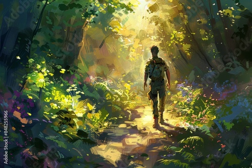 Serene forest stroll with a lone traveler