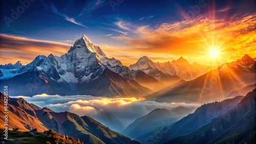 Beautiful sunrise over the Himalayan mountains, Himalayas, sunrise, mountain range, majestic, sunlight, orange sky