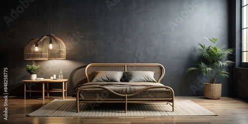 Dark bedroom interior with a wooden rattan bed in Scandinavian style , mockup, render, room, design, minimalistic