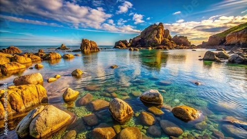 Stones in the water at a rugged coastal background, rocky coast, ocean, serene, tranquil, pebbles, nature, landscape, scenic