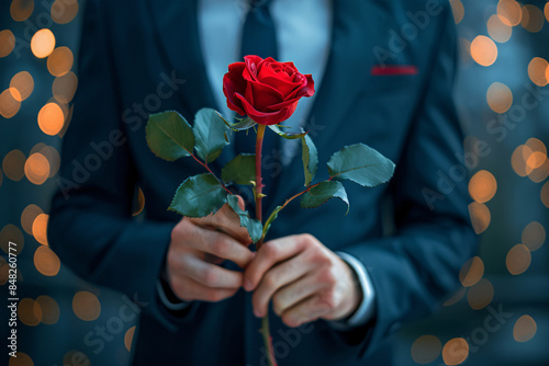 Single red rose being held by man in elegant suit